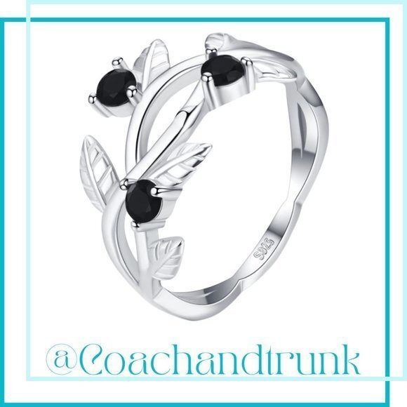 925 Hallmark 3 Round Black Spinel Prong Set Etched Winding Vine Band Ring Size 8 - Picture 1 of 3